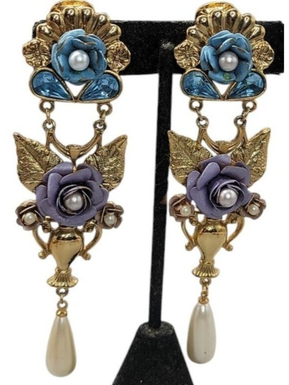 1928 Floral Dangling Statement Earrings Gold Plated Faux Pearl Rhinestones VTG - Picture 9 of 16
